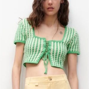 NWT Green Zara Knit Crochet Tie Top M